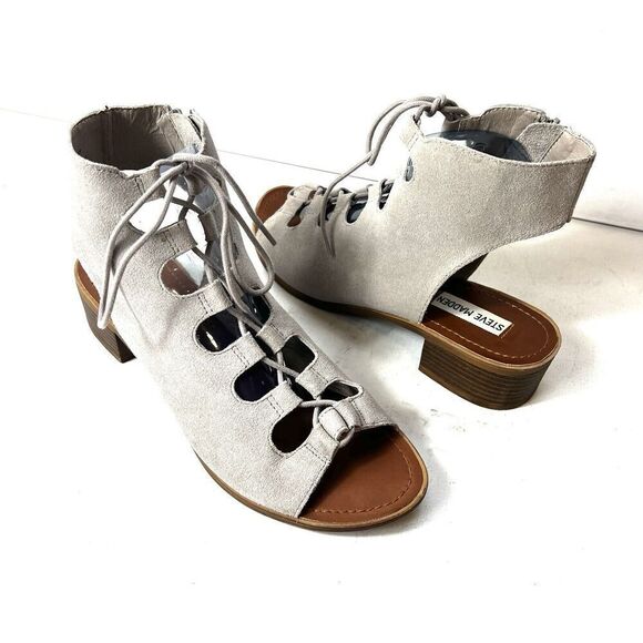 Steve Madden Heeled Ankle Sandal Womens 9M Gray Suede Sling Back Tie Up Open Toe - Picture 1 of 12